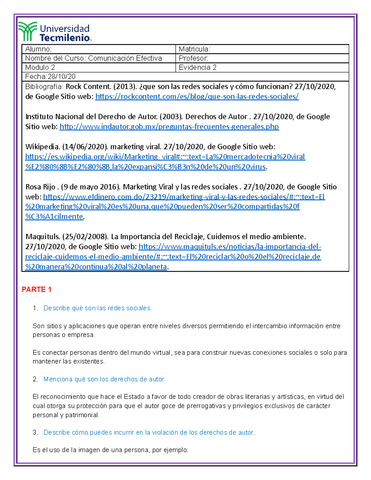 Evidencia 2 comunicacion - Alumno: Matricula: Nombre del Curso ...