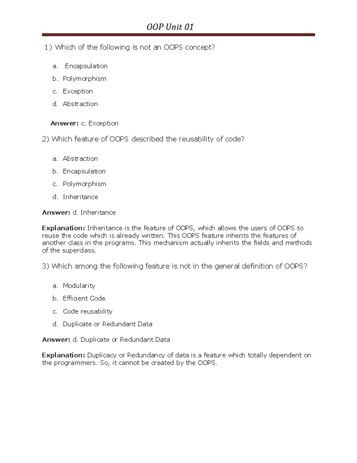 OOP Questiuon bank - Lecture notes 1 - 1)Which of the following is not ...