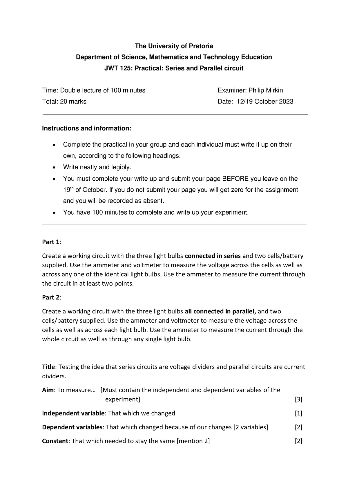 2023 JWT125 Unit 8 Elctrical circuits practical - The University of ...