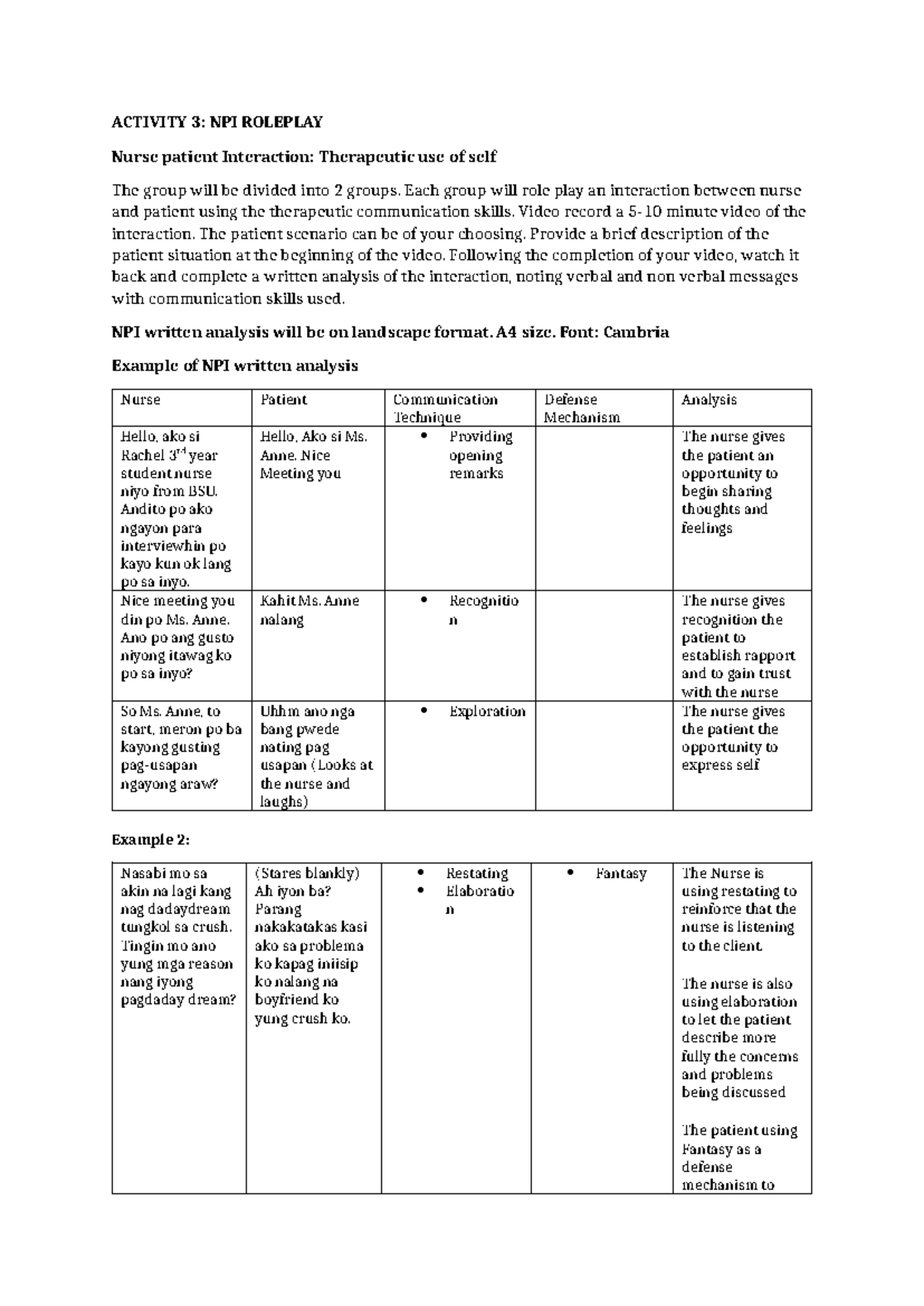 Activity 3 NPI Roleplay - ACTIVITY 3: NPI ROLEPLAY Nurse patient ...