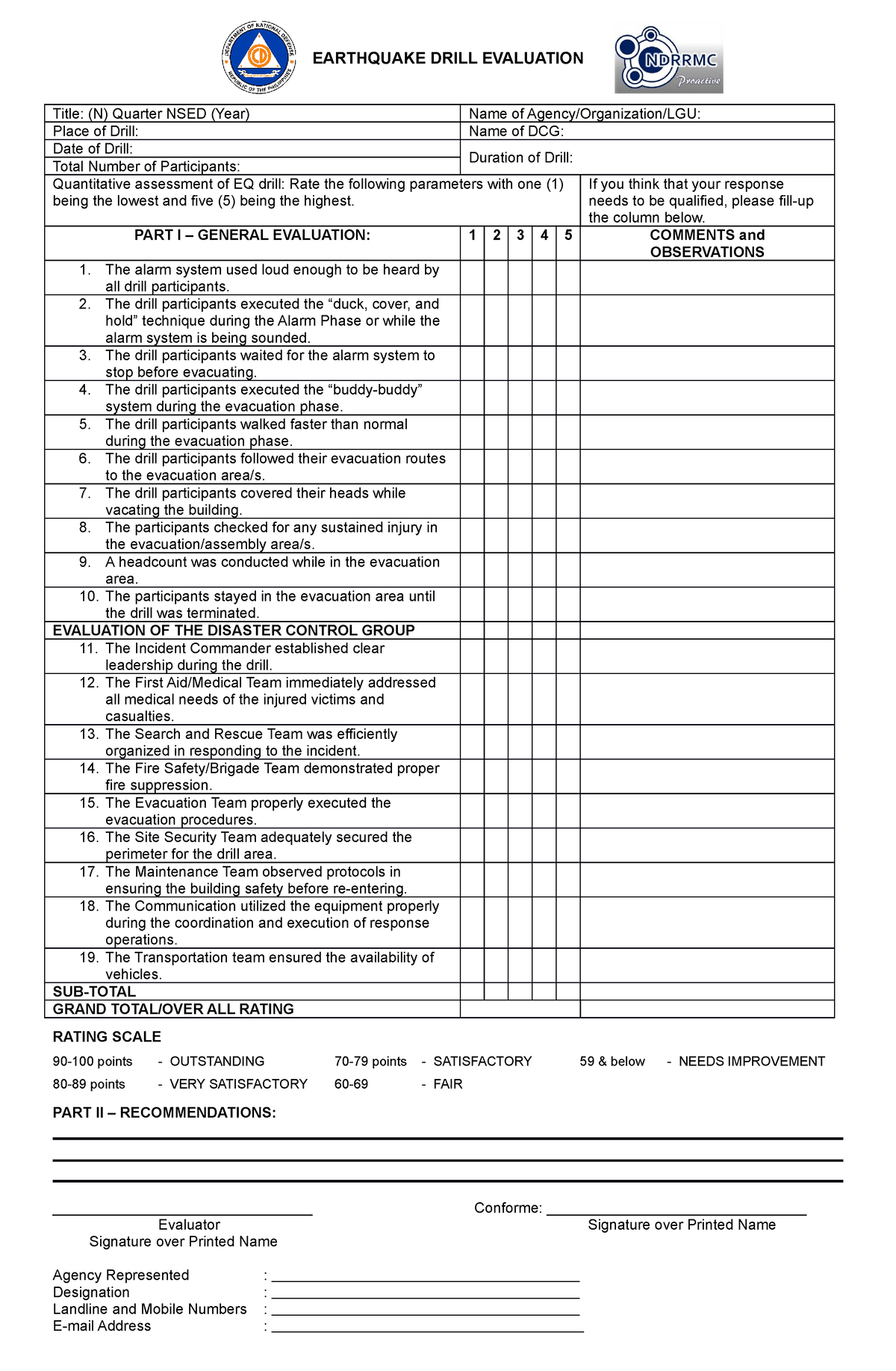 OCD Earthquake Drill Evaluation FORM EARTHQUAKE DRILL EVALUATION