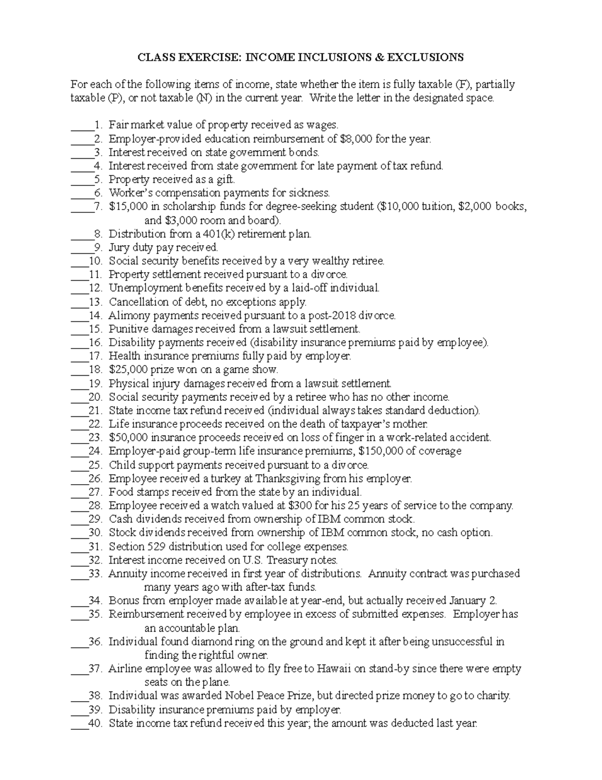 Income Inclusions & Exclusions(1) - CLASS EXERCISE: INCOME INCLUSIONS ...