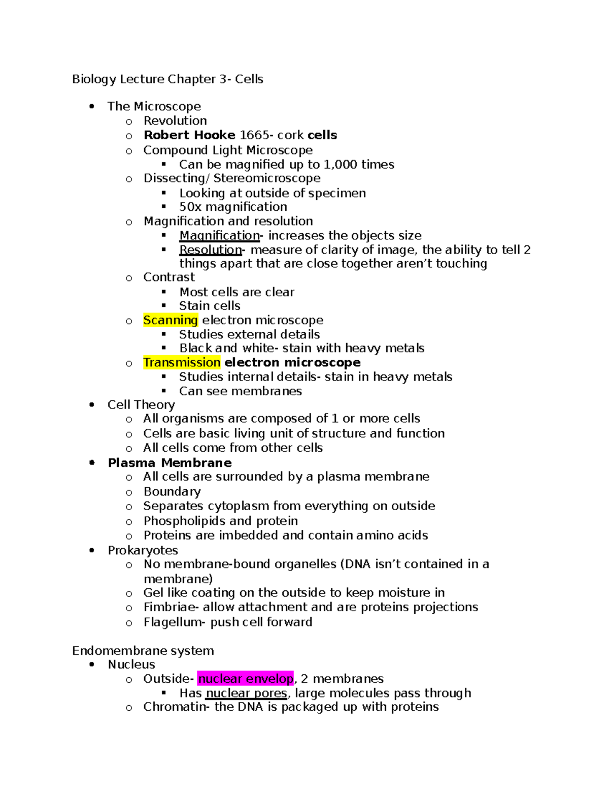 Biology Lecture Chapter 3-Cells - Studocu