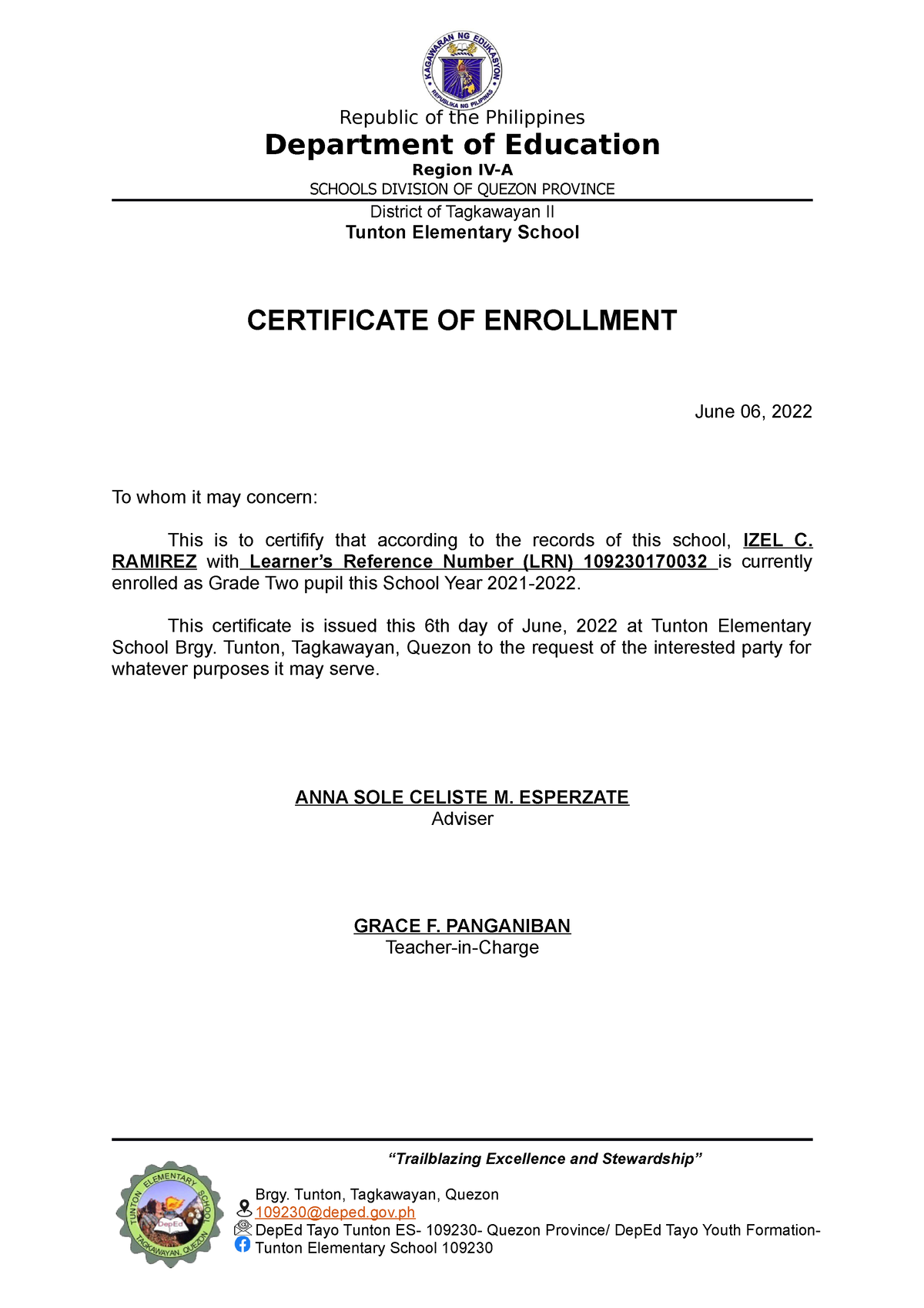 4PS Certificate OF Enrolment Republic of the Philippines Department