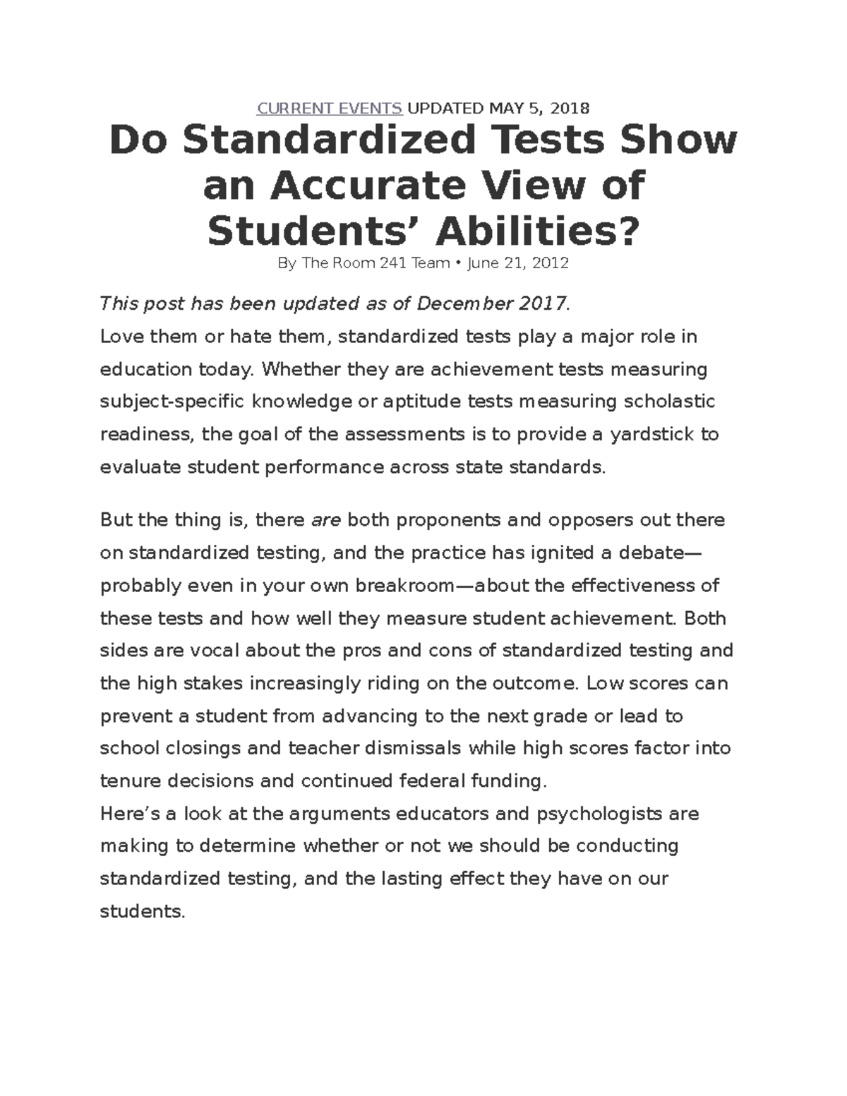 Article 2 on Testing field activity CURRENT EVENTS UPDATED MAY 5