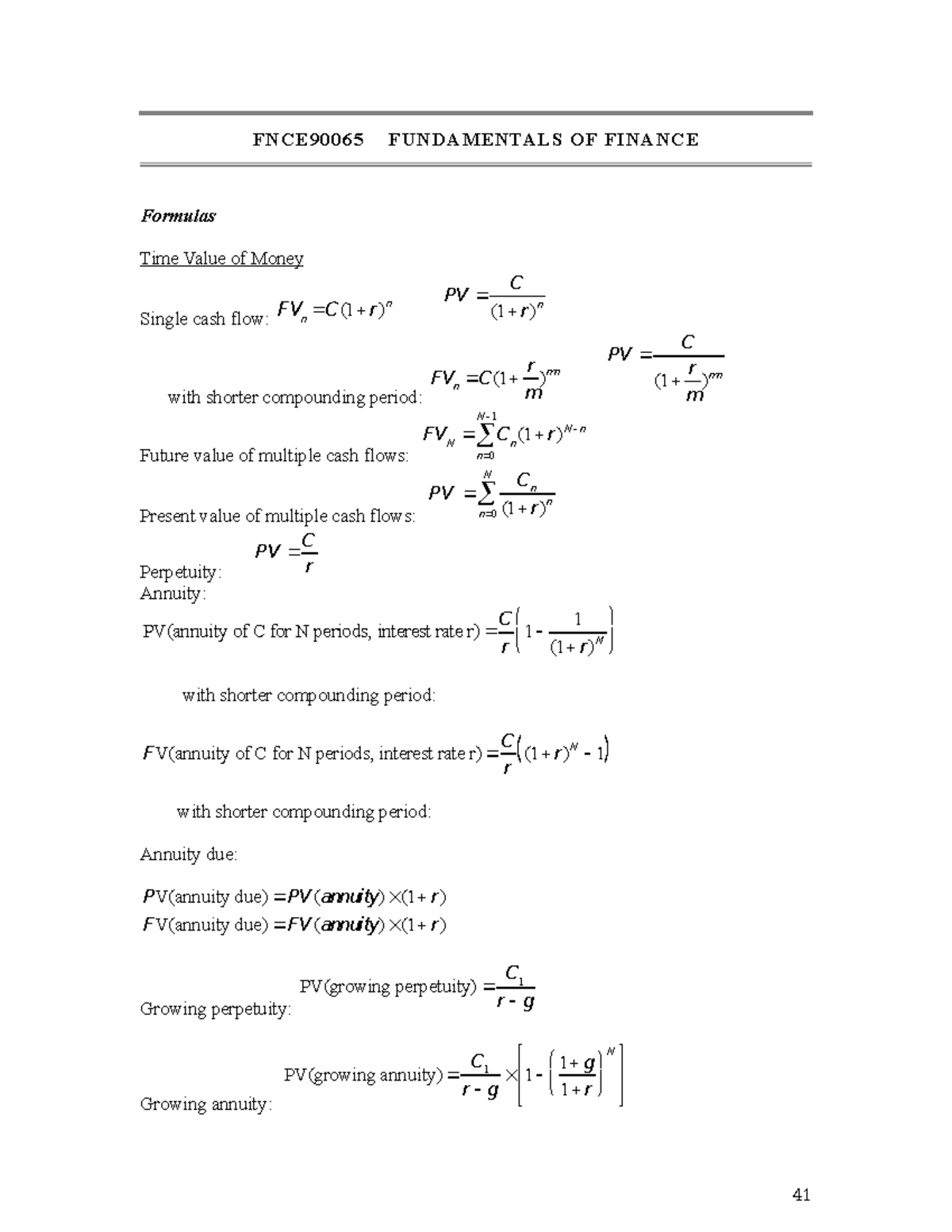 Formula sheet 90065 - FNCE90065 FUNDAMENTALS OF FINANCE Formulas Time ...