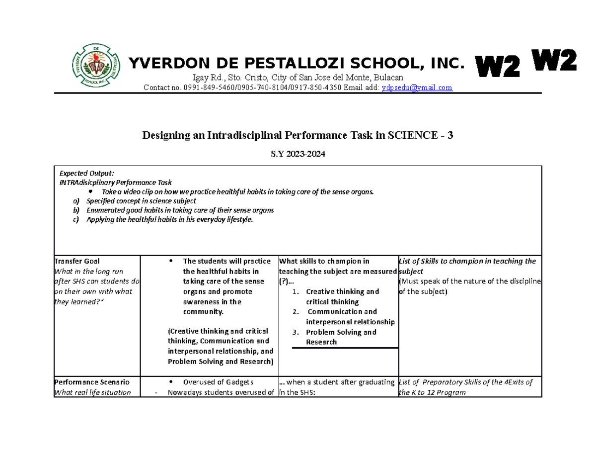 W2Science3 Science YVERDON DE PESTALLOZI SCHOOL, INC. Igay Rd