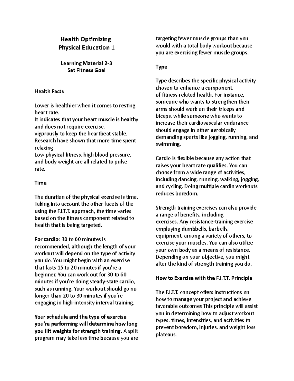 Physical Education LM 2-3 - Health Optimizing Physical Education 1 ...