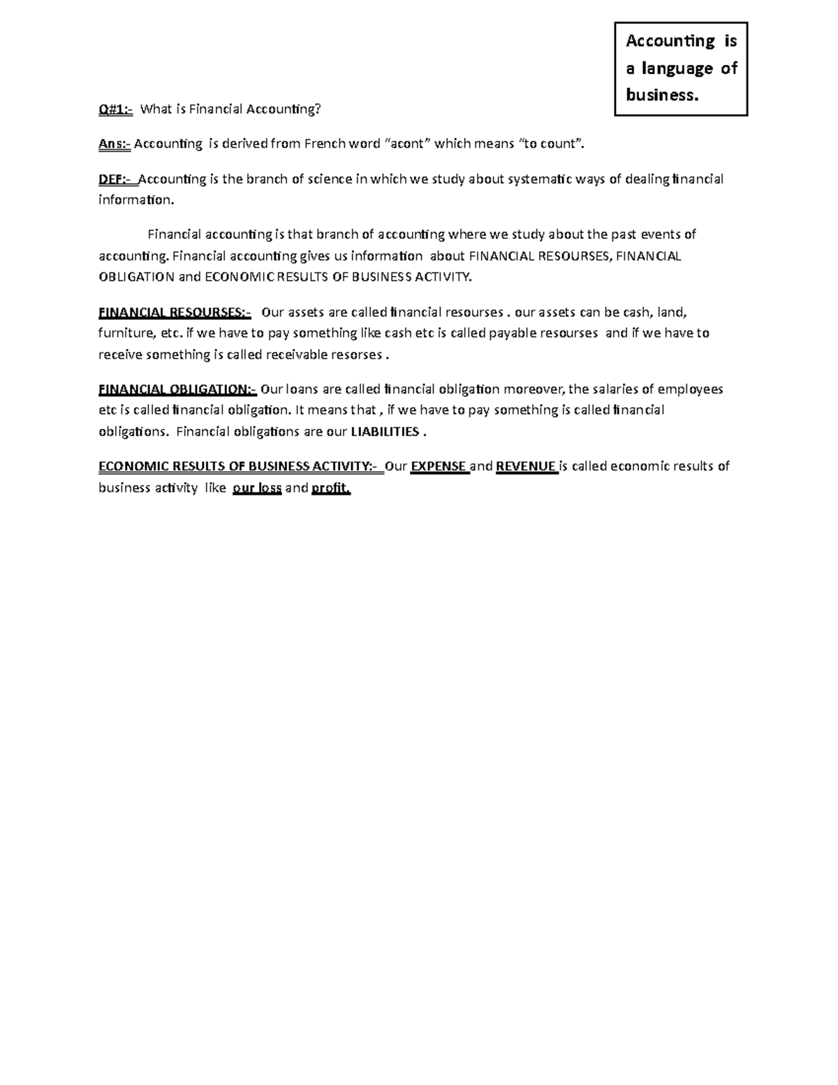 Financial Accounting Course - Q#1:- What is Financial Accounting? Ans ...