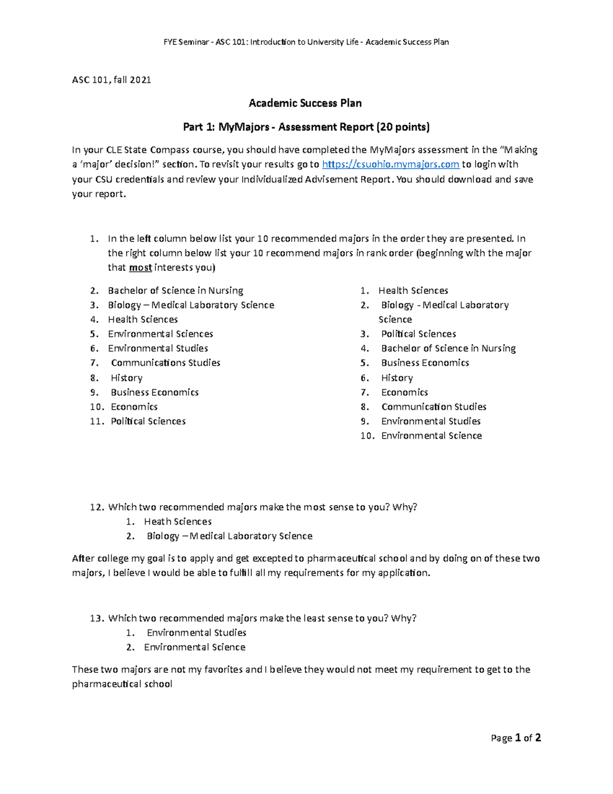 My Majors Assessment Report ASC 101 - FYE Seminar - ASC 101 ...