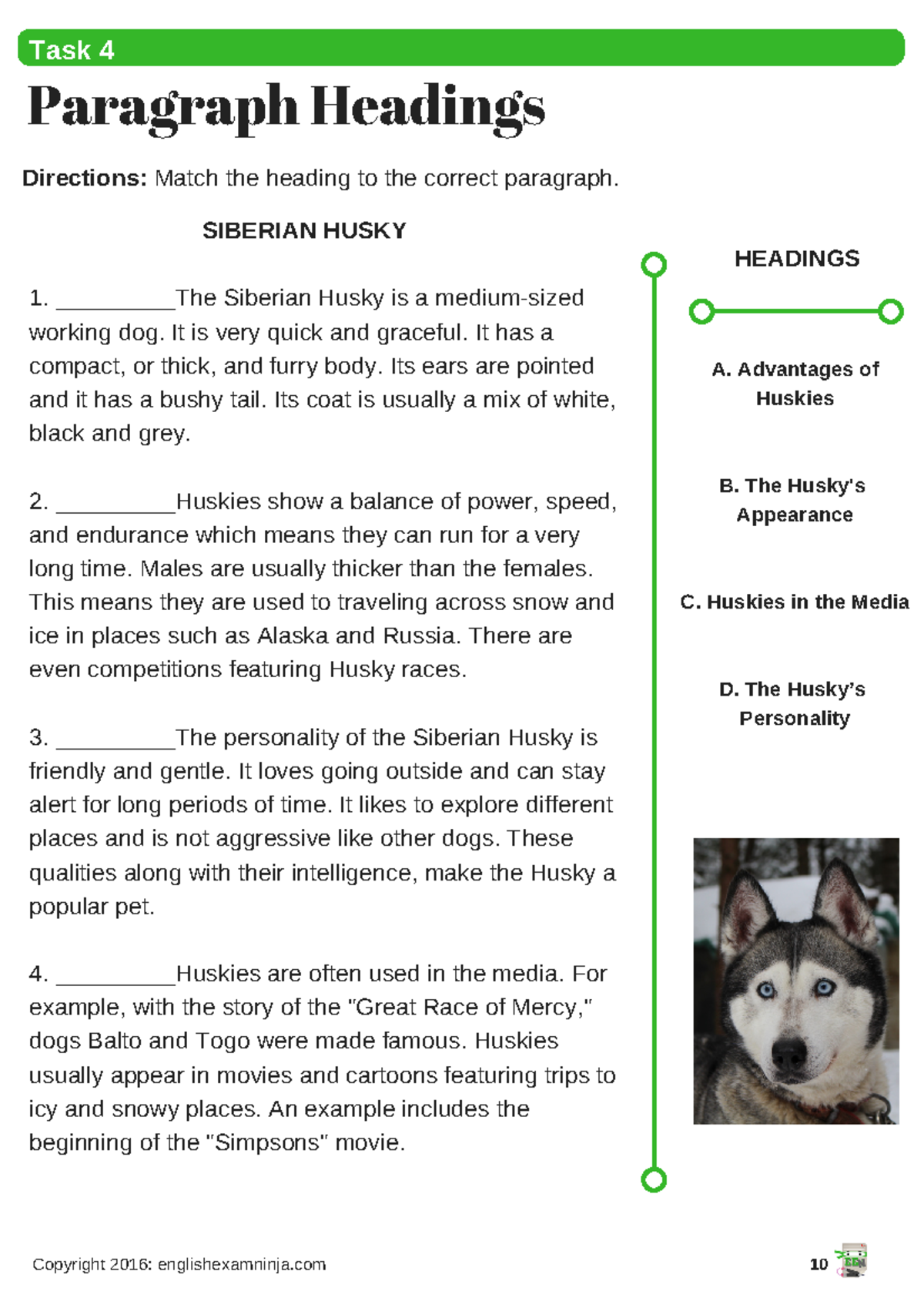 Reading Practice Part 4 - Paragraph Headings Directions: Match the ...