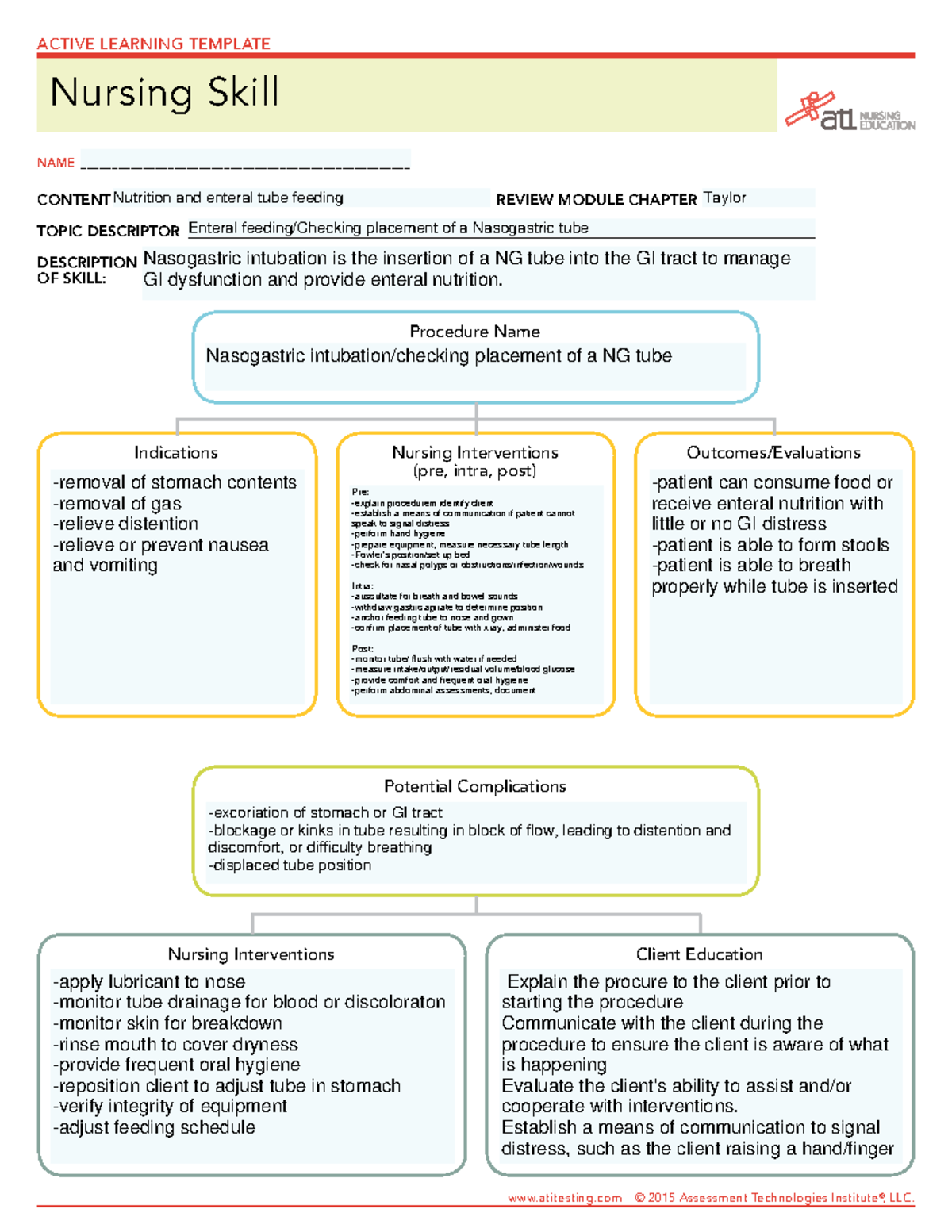 ATI ALT checking NG tube Skills complete Indications Nursing