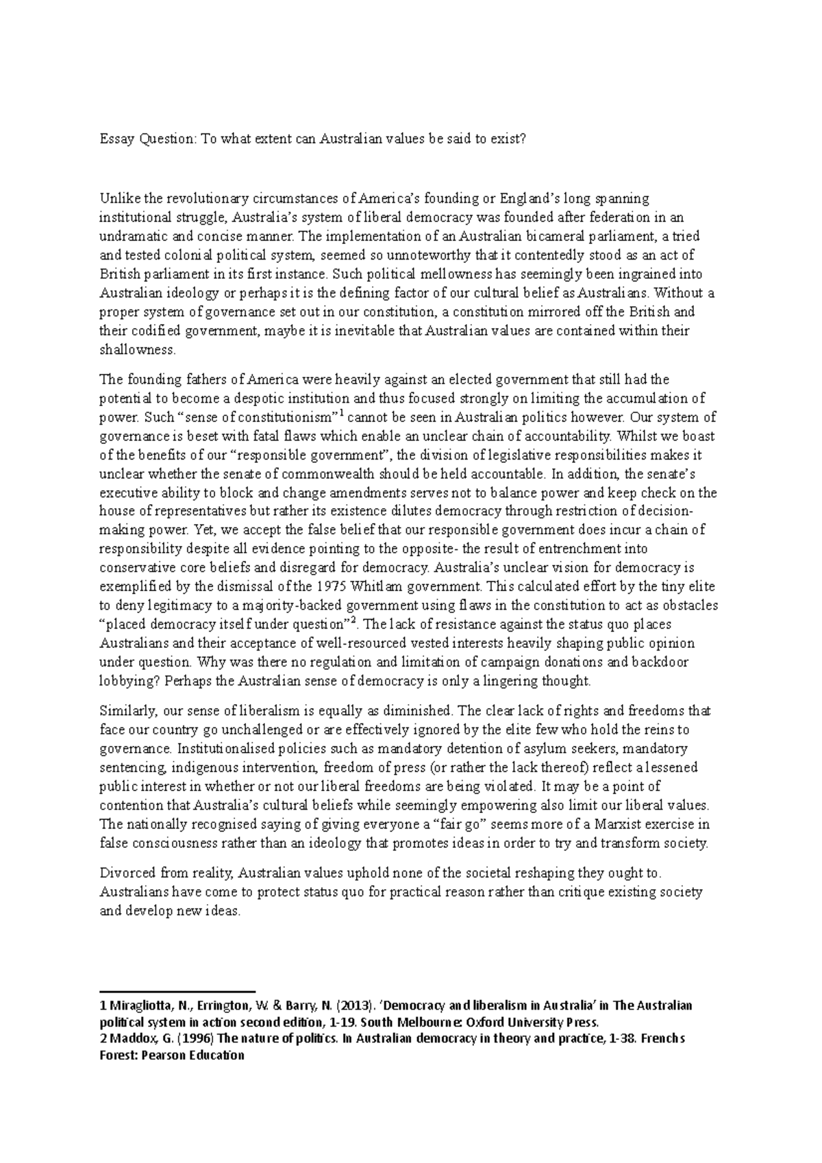 Assignment 1 - Essay question: To what extent can Australian values be ...