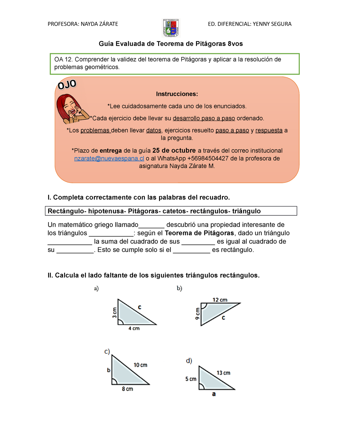 Guía Evaluada De Teorema De Pitágoras Profesora Nayda ZÁrate Ed