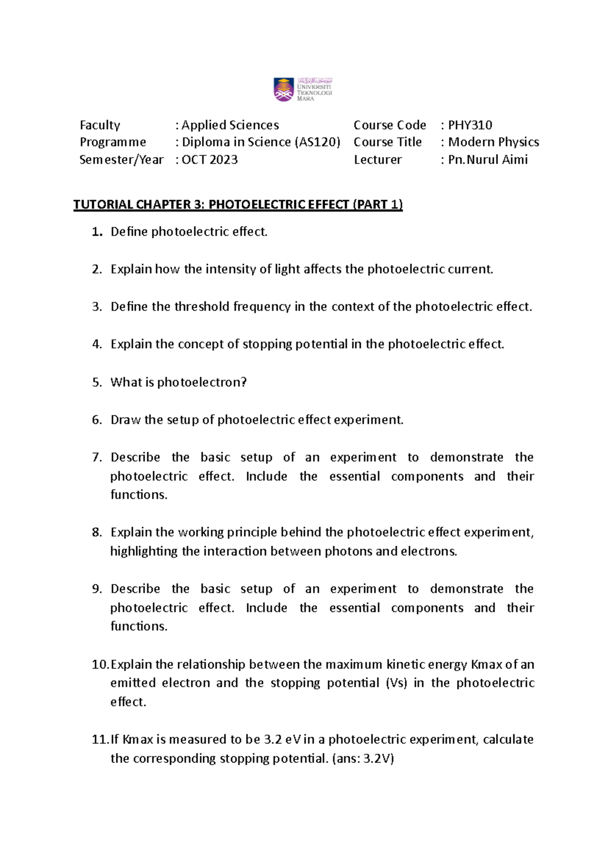 Phy310 Tutorial Chapter 3 Part 1 Mac2024 Faculty Applied Sciences Course Code Phy 6237