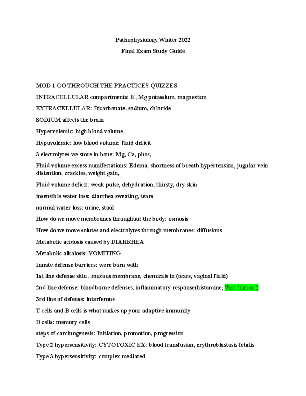 Pathophysiology Exam 3 Study Guide - Winter 2022 (1) - Pathophysiology ...