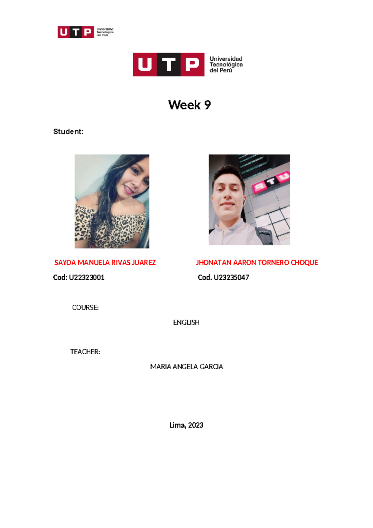 Week 9 - Jhonatan tornero Sayda Rivas - ingles - Week 9 Student: SAYDA ...