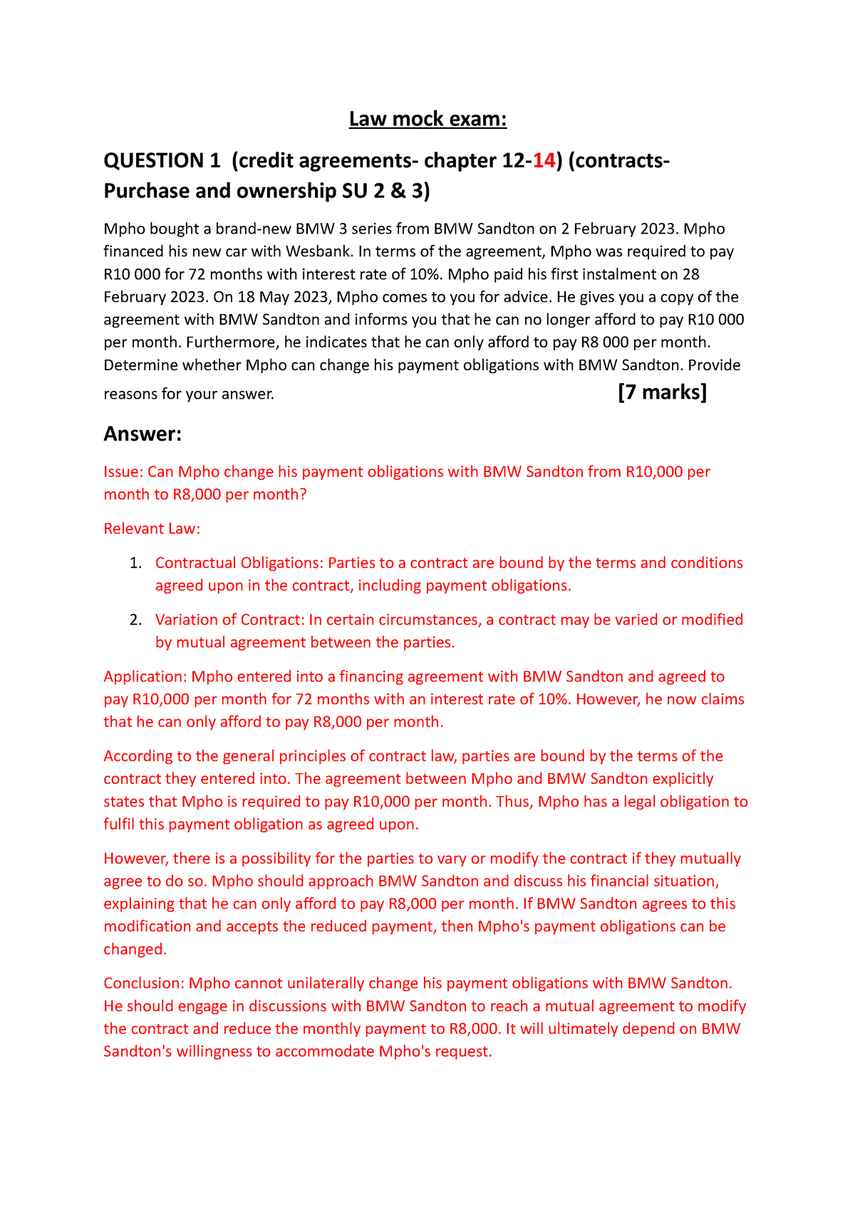 BER 210 Mock Exam Answers - Law Mock Exam: QUESTION 1 (credit ...