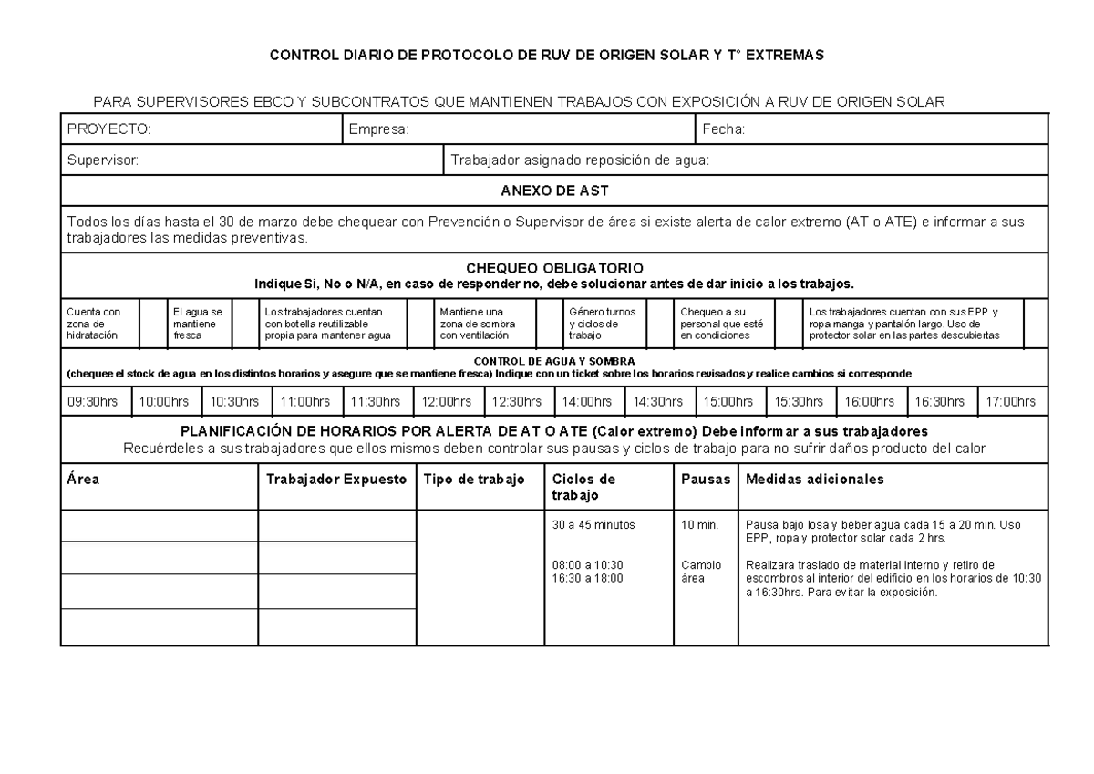 Anexo Charla Operativa Control Diario De Protocolo De Ruv De Origen Solar Y T° Extremas Para