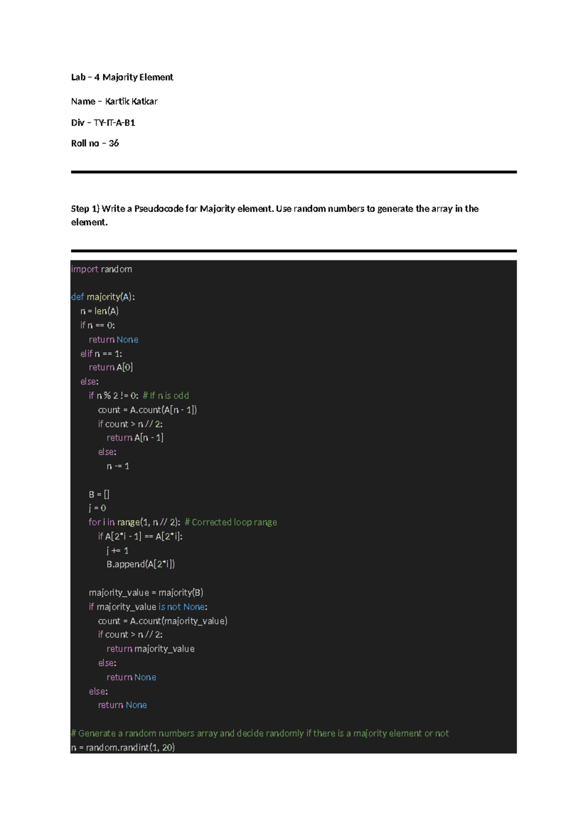 LAB - 4 Majority element - Lab – 4 Majority Element Name – Kartik ...