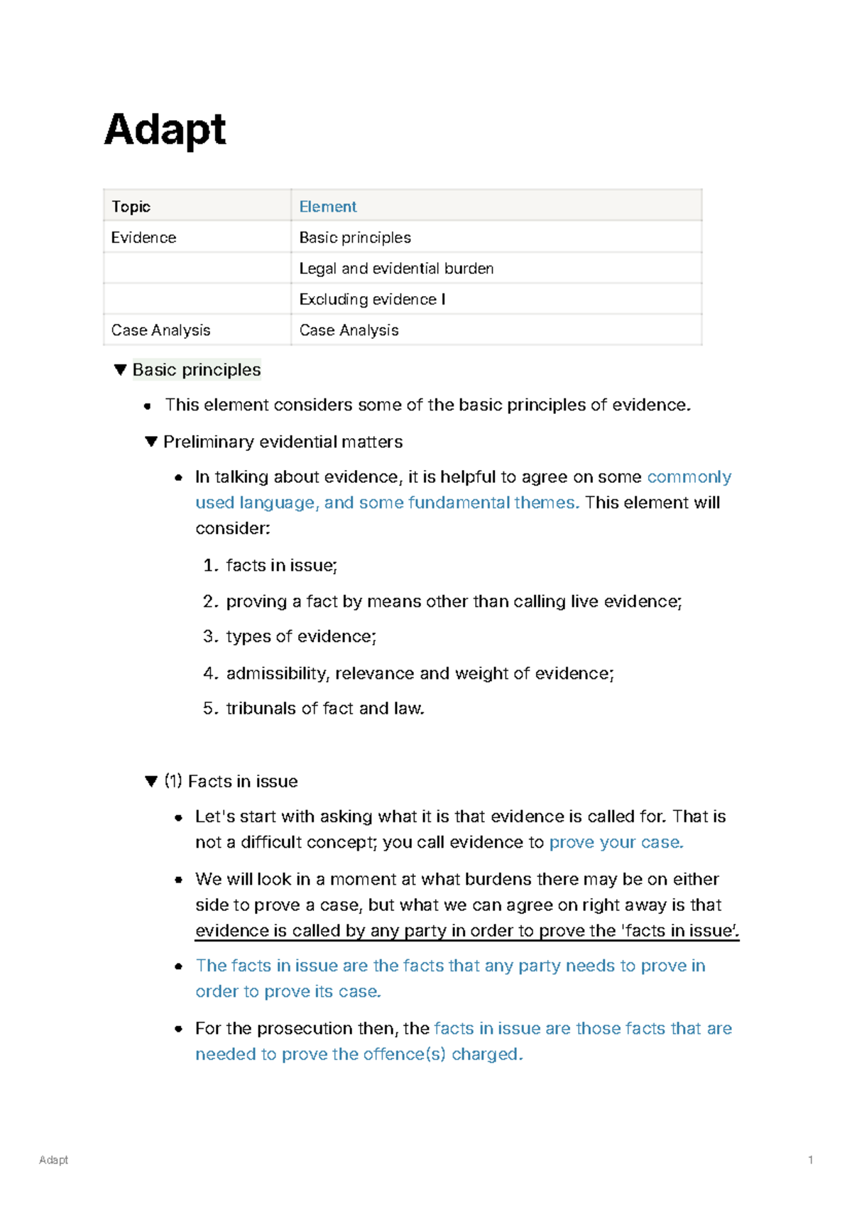 Workshop 1 Adapt notes - Adapt Topic Element Evidence Basic principles ...