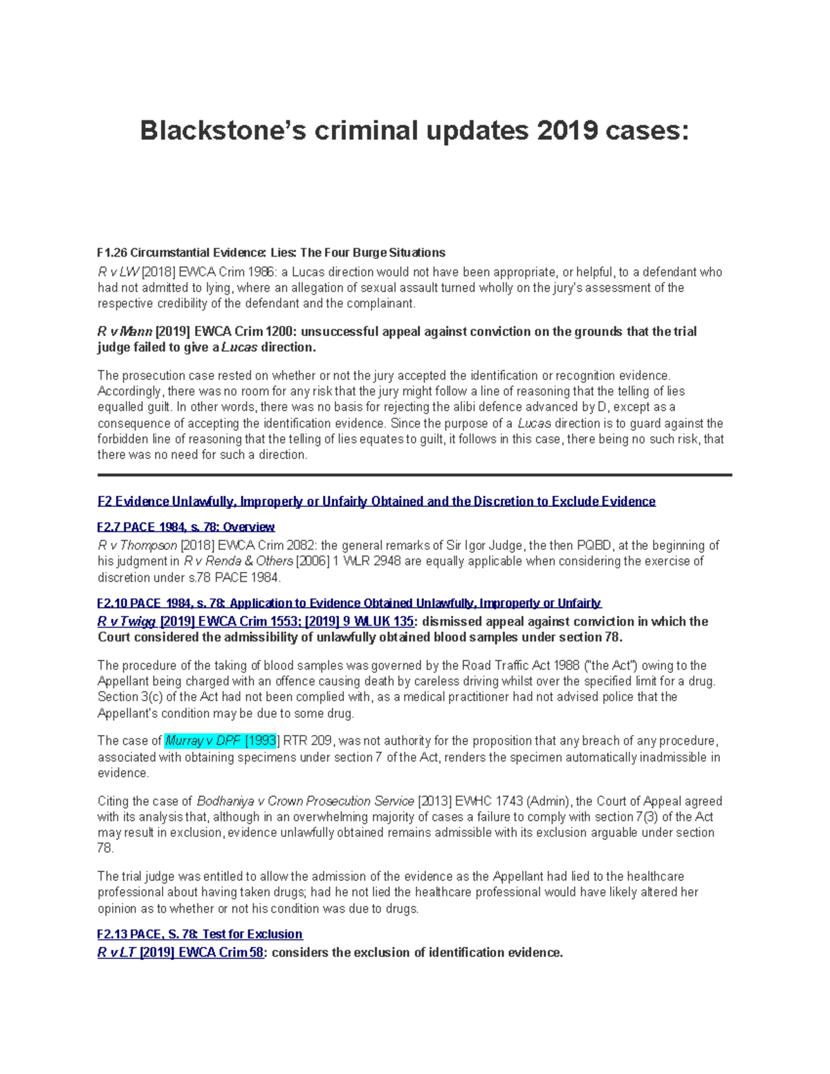Blackstone's evidence 2019 updated cases - Blackstone’s criminal ...