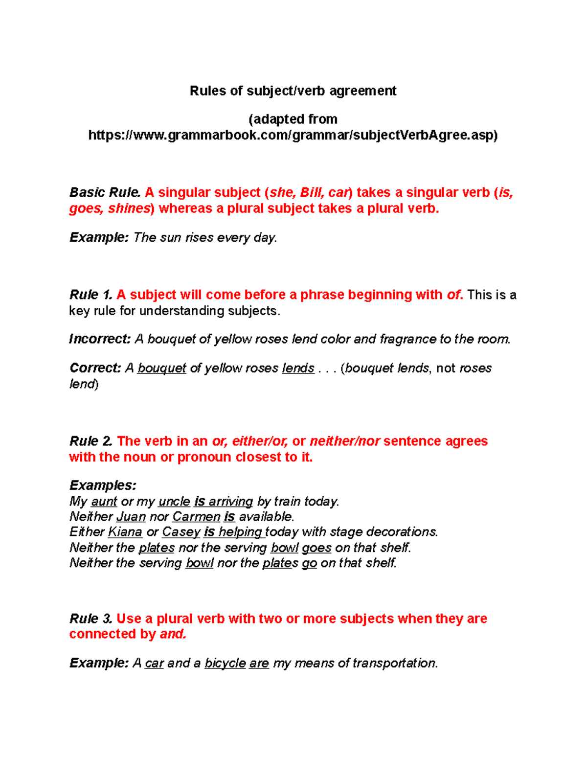 Rules of subject verb agreement - Rules of subject/verb agreement ...