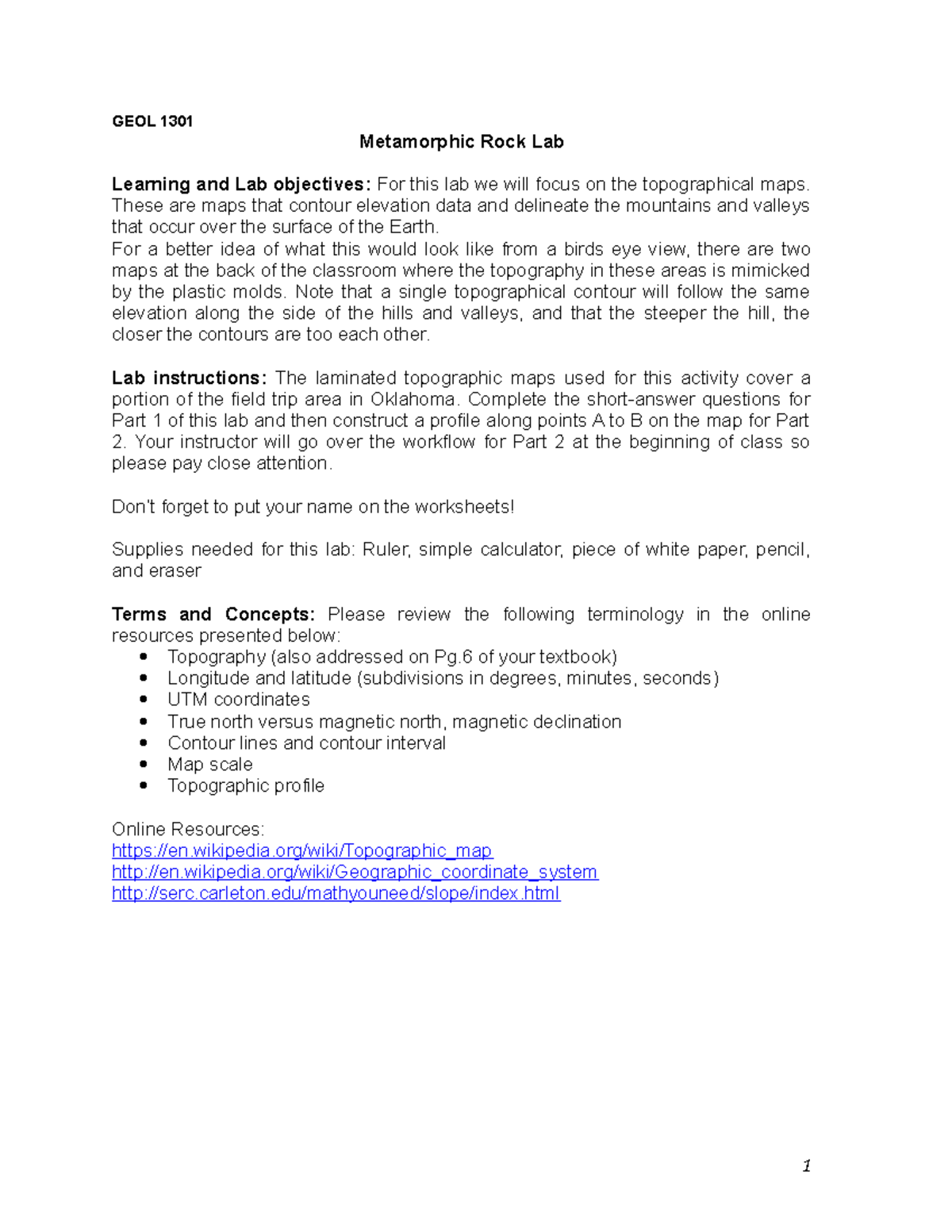 GEOL 1301 - Lab 05 - Topographic Maps - GEOL 1301 Metamorphic Rock Lab ...