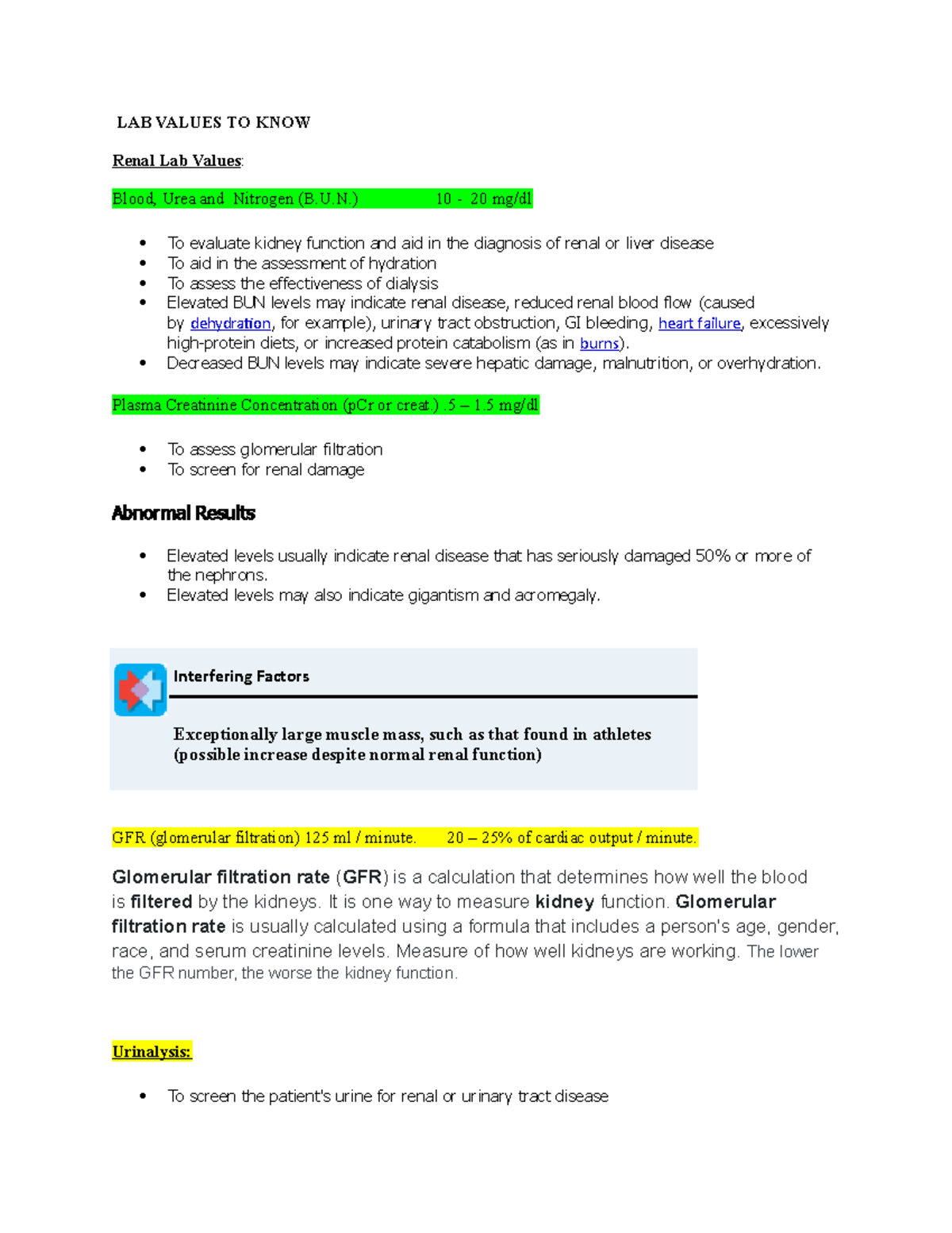 LAB to know for clinicals - LAB VALUES TO KNOW Renal Lab Values : Blood ...