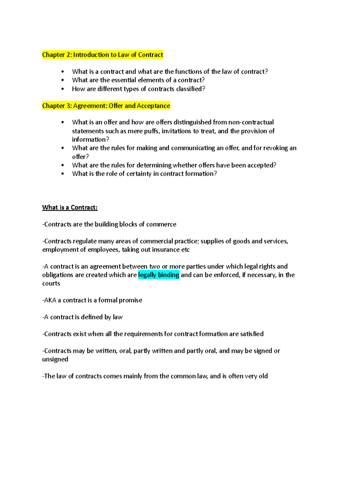 Week 2 - notes - Chapter 2: Introduction to Law of Contract What is a ...