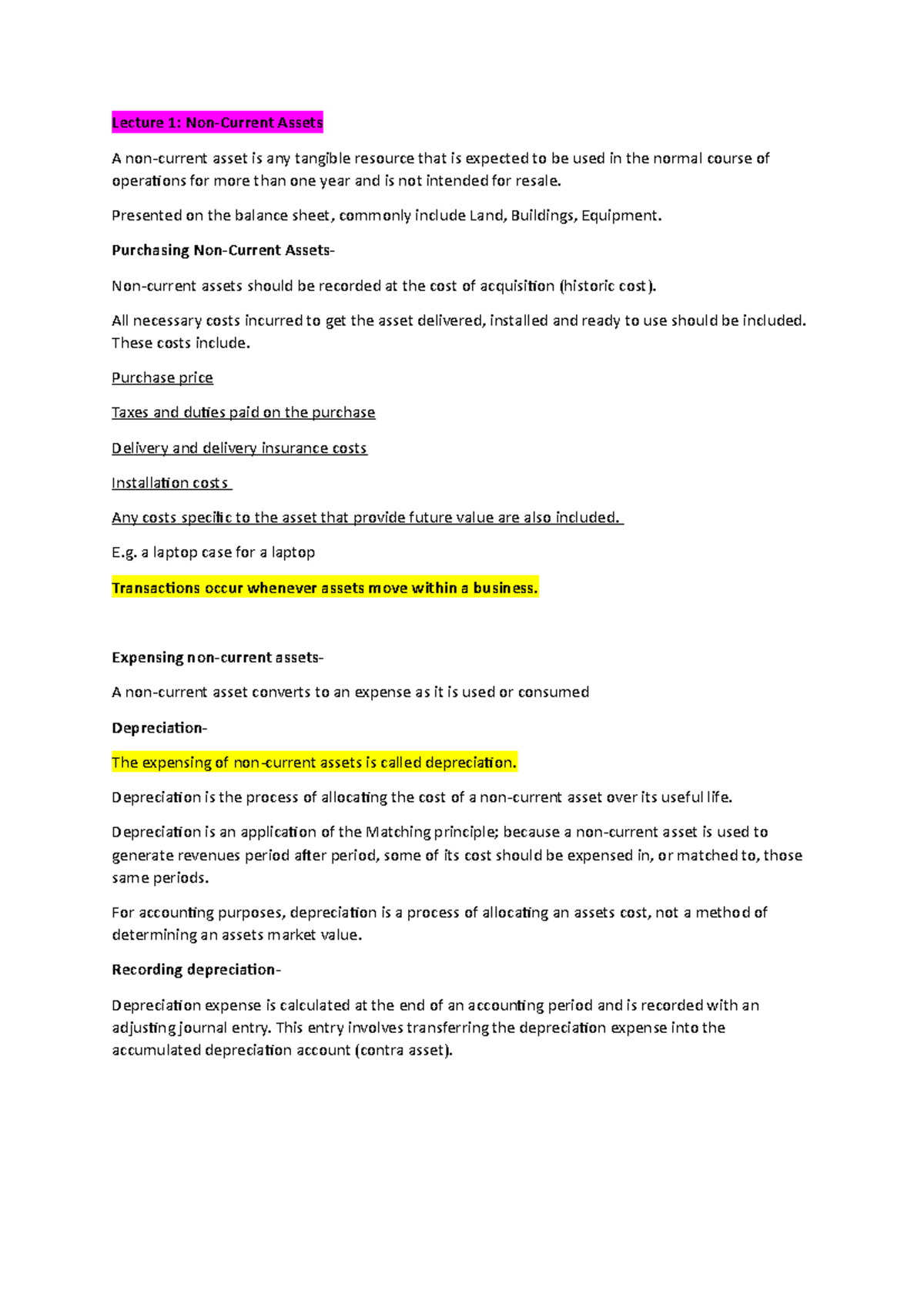 Notes for accounting B from lectures - Lecture 1: Non-Current Assets A ...