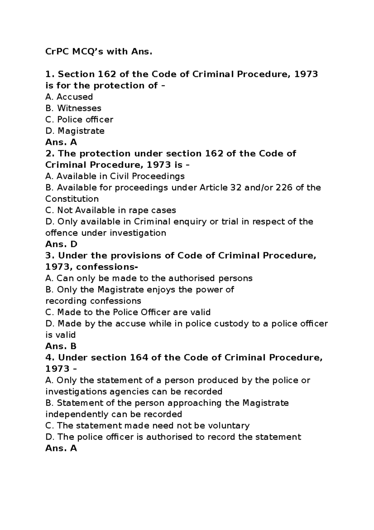 Cr PC MCQ - CrPC MCQ’s With Ans. Section 162 Of The Code Of Criminal ...