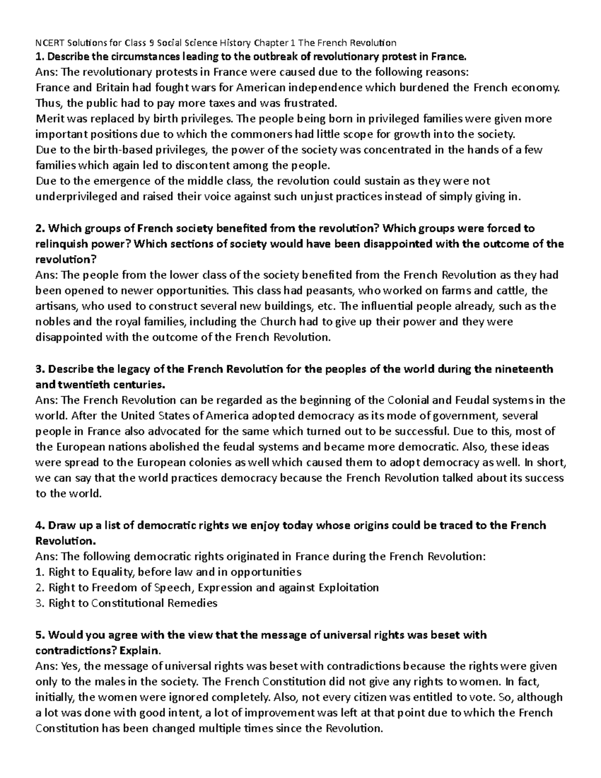 Ncert Solutions for Class 9 Social Science History Chapter 1 The French