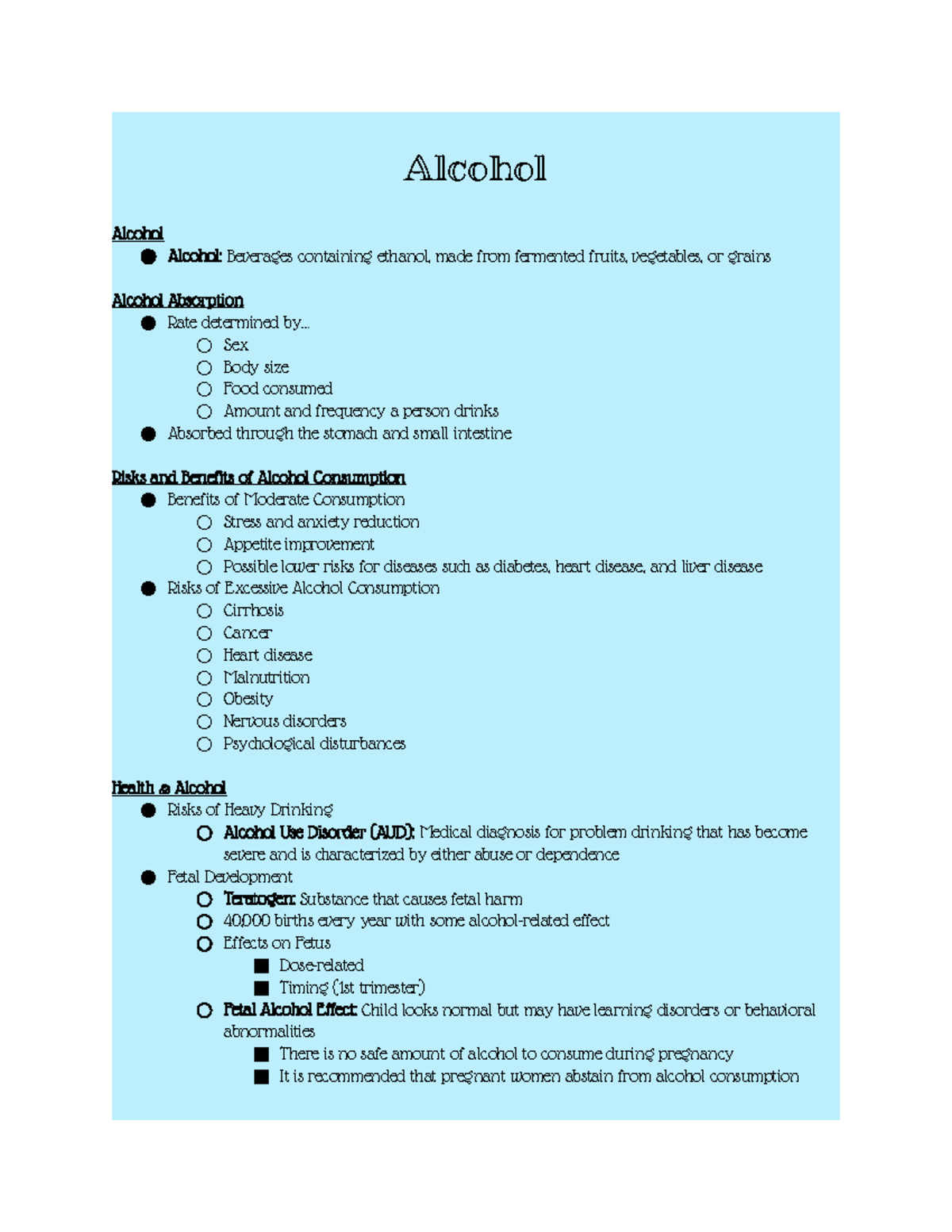 Alcohol - Lecture notes - Alcohol Alcohol Alcohol: Beverages containing ...