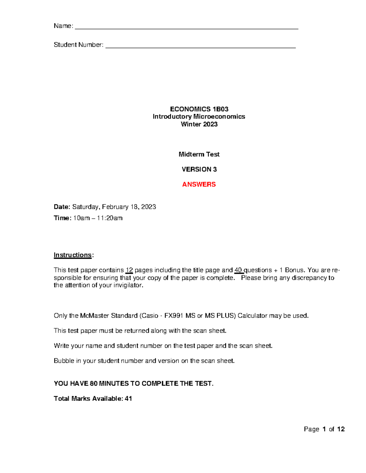 Midterm version 3 with answers - Name