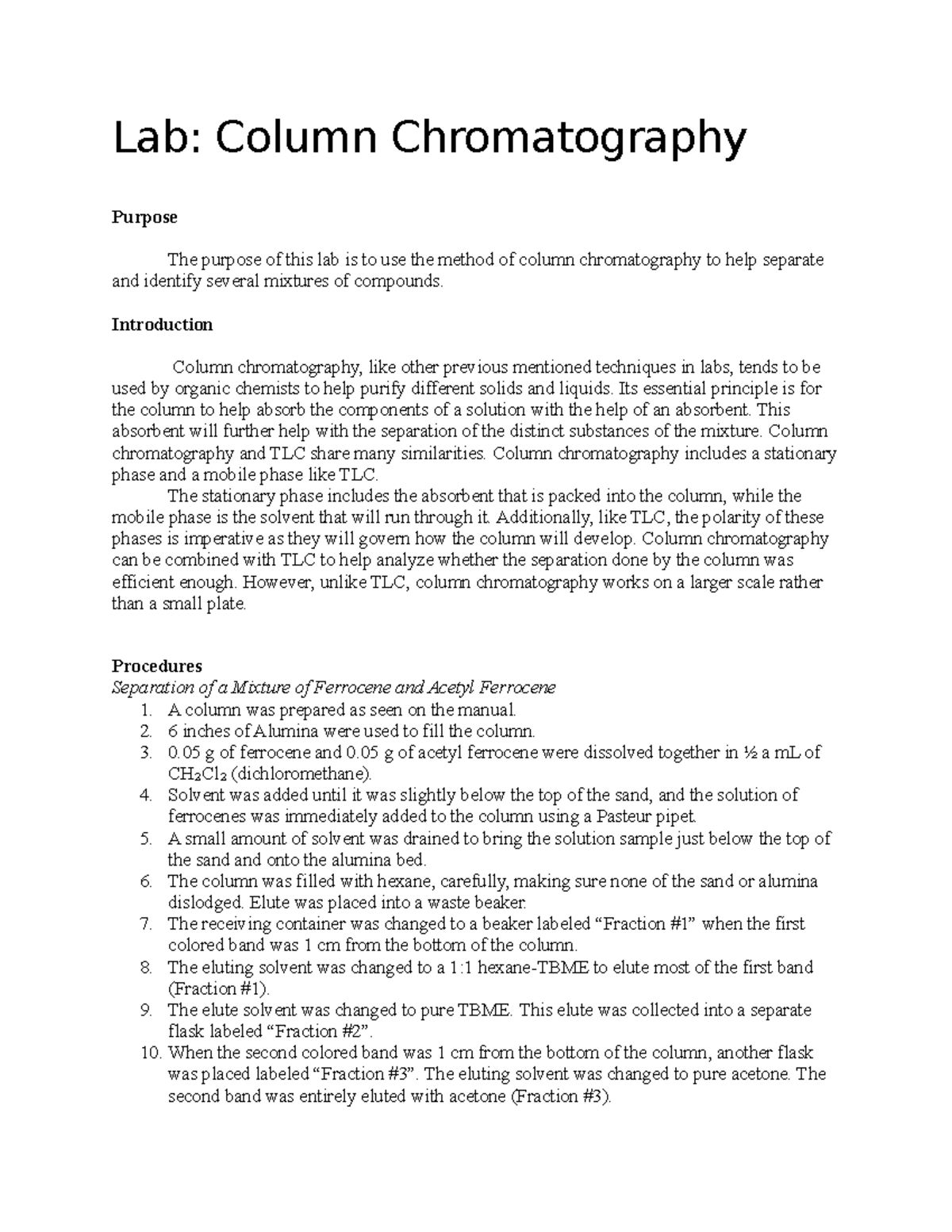 Column Chromatography Separation of a Mixture of Ferrocene and Acetyl Ferrocene Lab Column