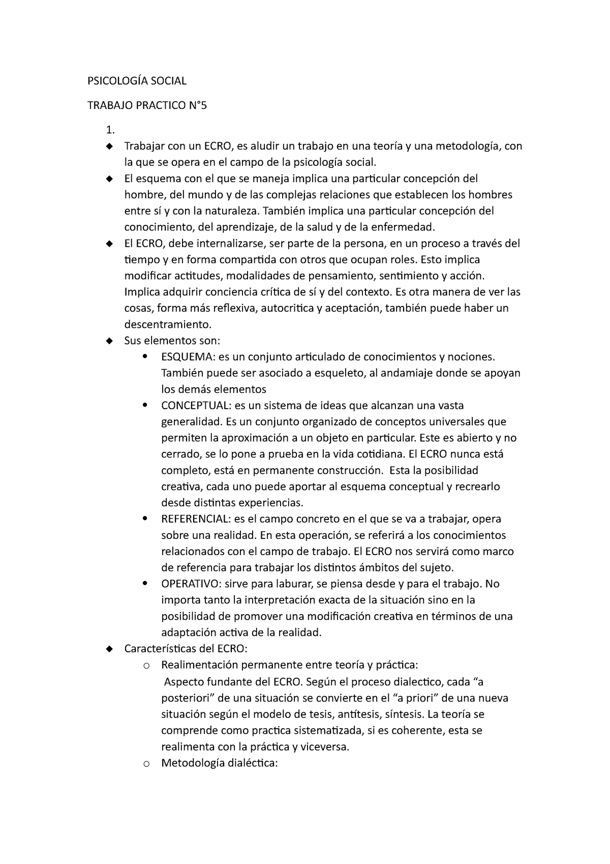 Psicología Social tp 5 individual texto ECRO - PSICOLOGÍA SOCIAL TRABAJO  PRACTICO N° 1.  Trabajar - Studocu