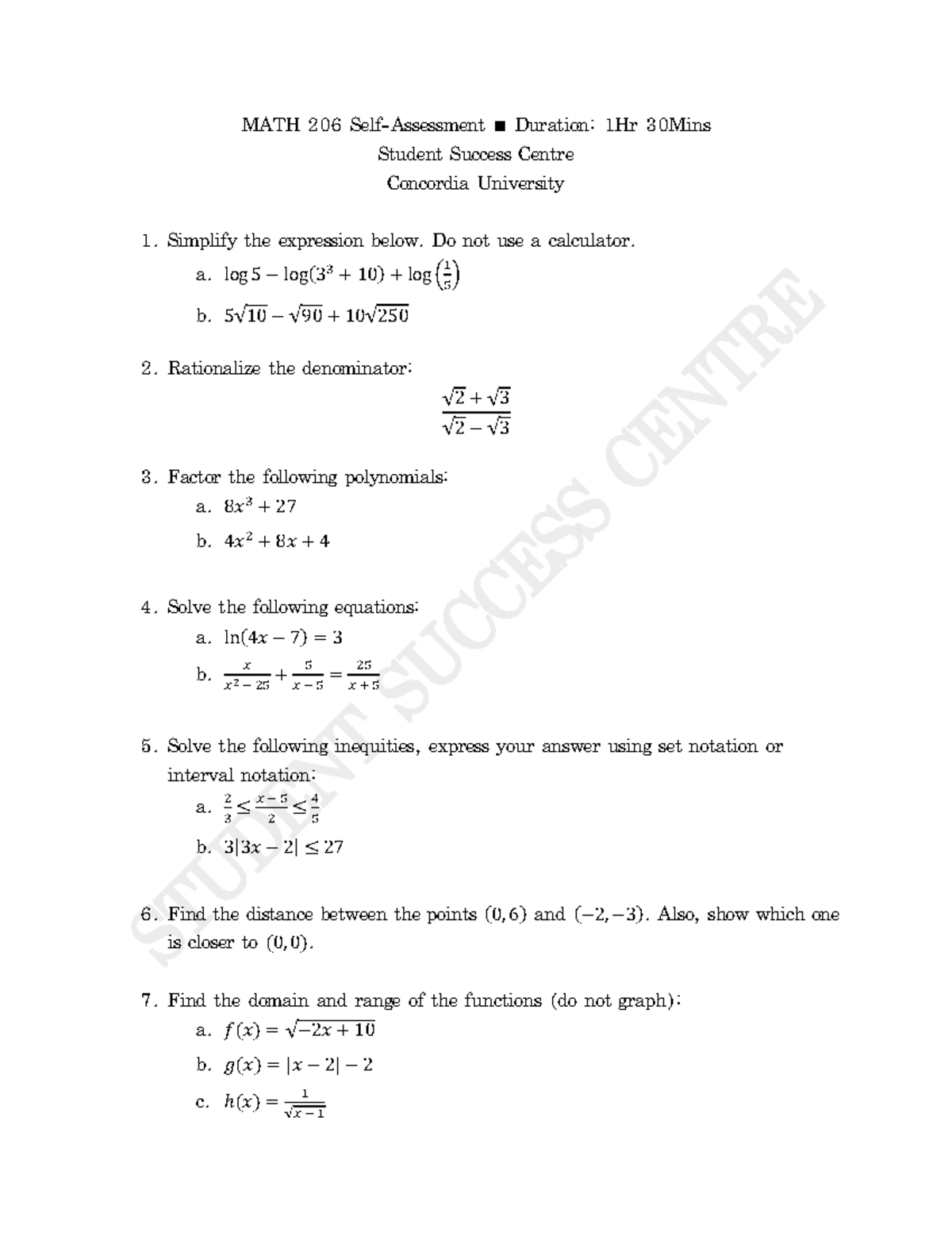 Math 206 self assessment - MATH 206 Self-Assessment ∎ Duration: 1Hr ...