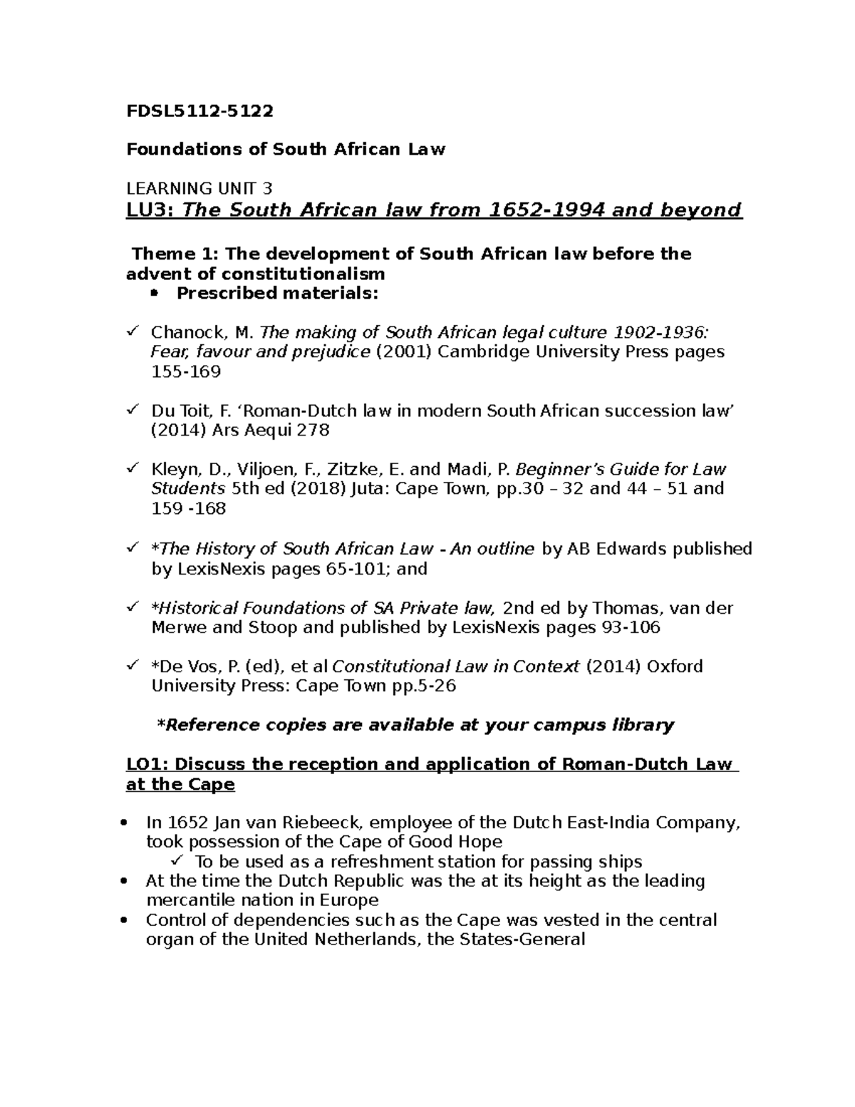 Learning UNIT Three - Summary Foundations Of The South African Law ...