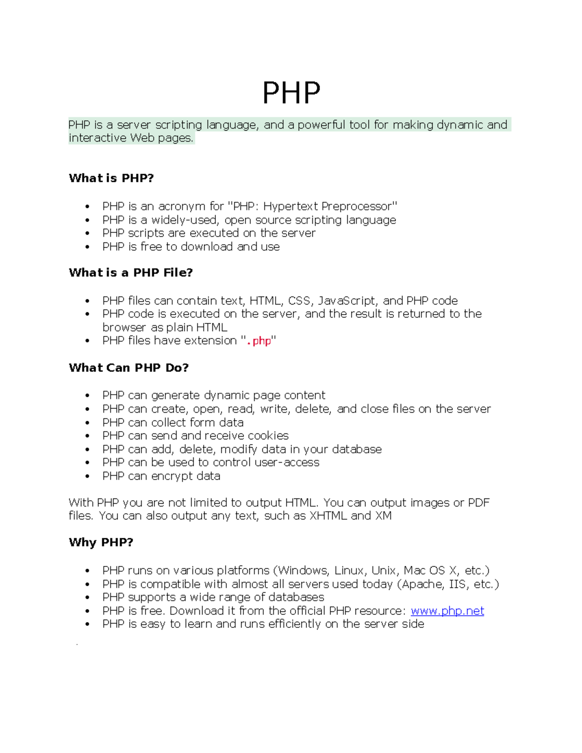 Intro - Easy Study points - PHP PHP is a server scripting language, and ...