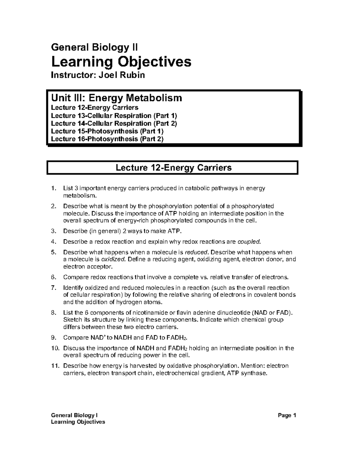 BZE W23Learning ObjectivesUnit III 1216 General Biology I Page 1