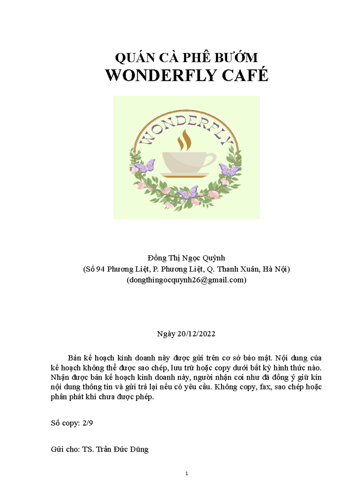 QUÁN CÀ PHÊ BƯỚM - GTKD - QUÁN CÀ PHÊ BƯỚM WONDERFLY CAFÉ Đồng Thị Ngọc ...