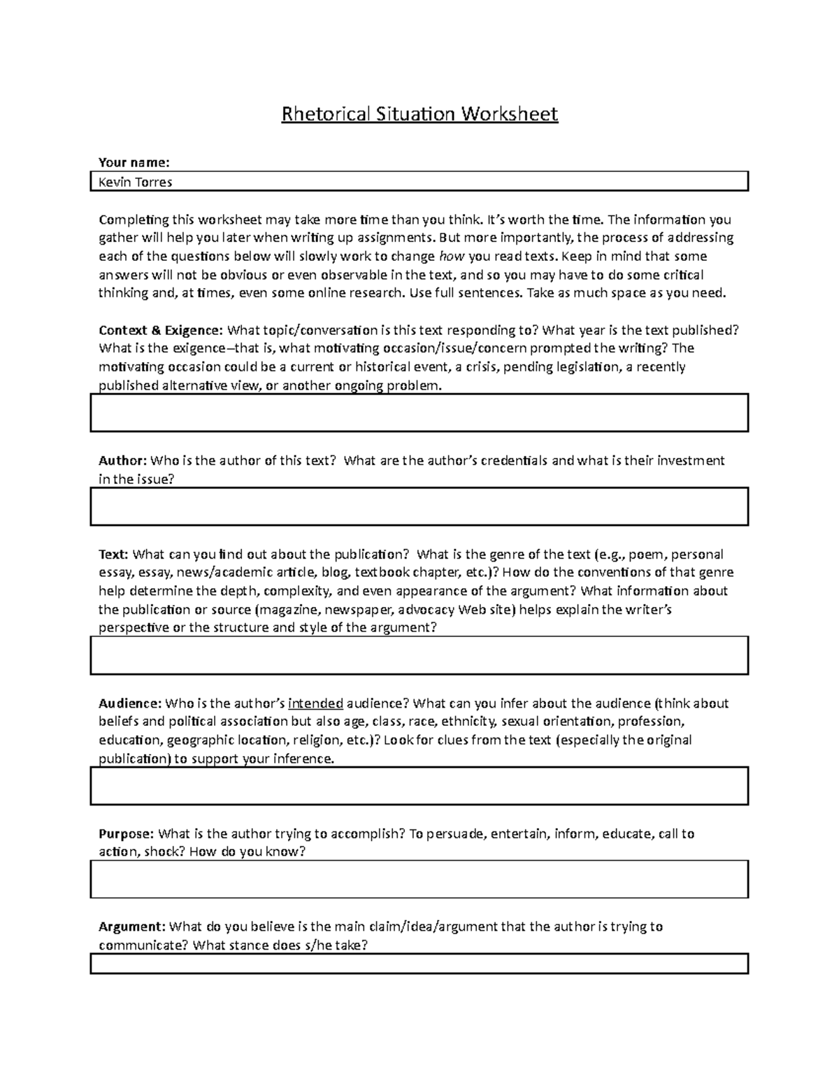 Rhetorical Situation Worksheet 4 Rhetorical Situation Worksheet Your