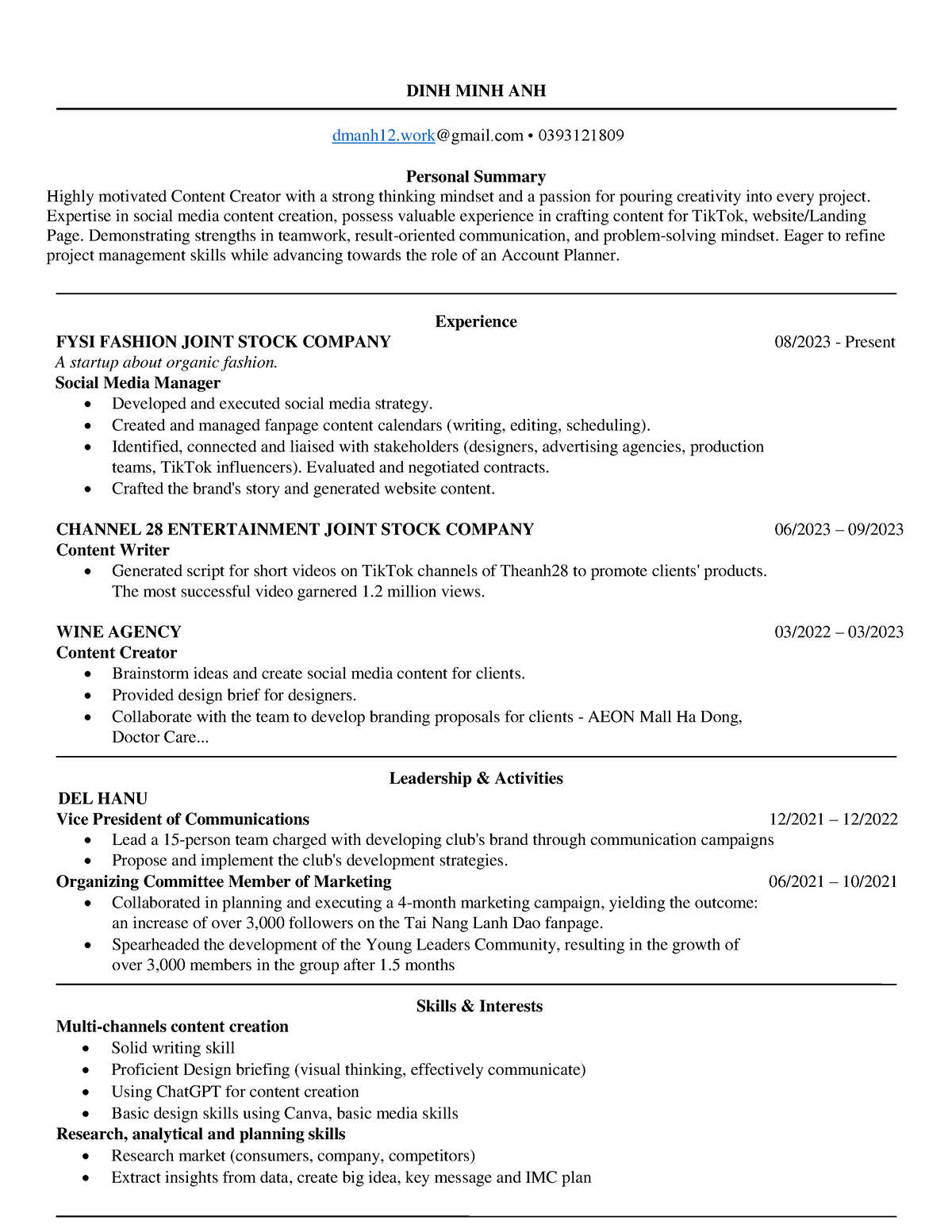 CV Marketing Intern - DINH MINH ANH - DINH MINH ANH dmanh12@gmail ...