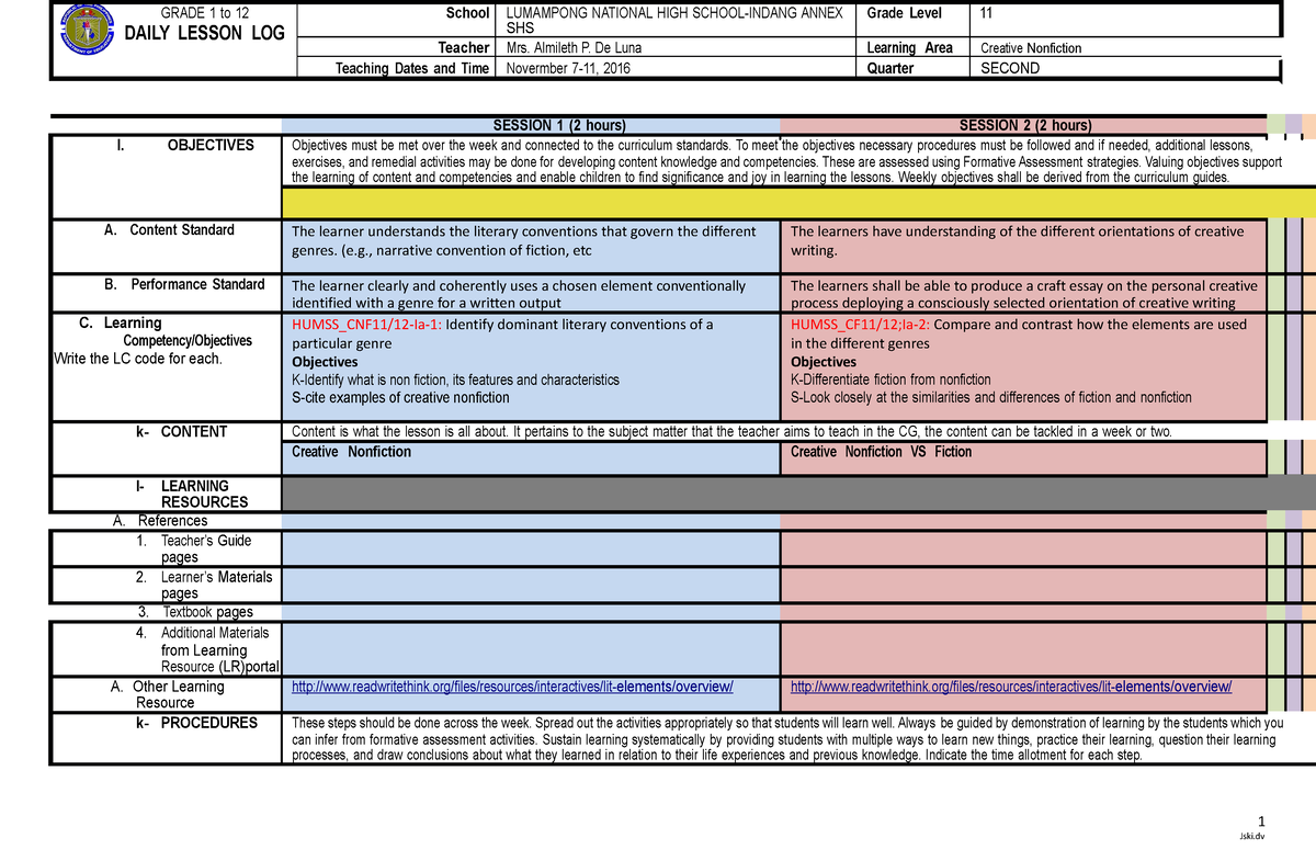 Dll creative nonfiction week1odt - 1 Jski GRADE 1 to 12 DAILY LESSON ...