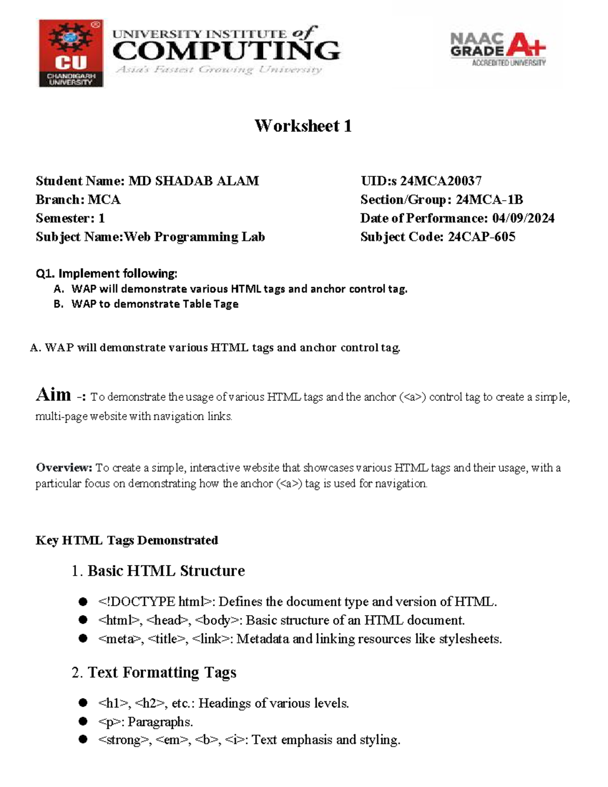 Web Programing Exp 1 Worksheet 1 Student Name Md Shadab Alam