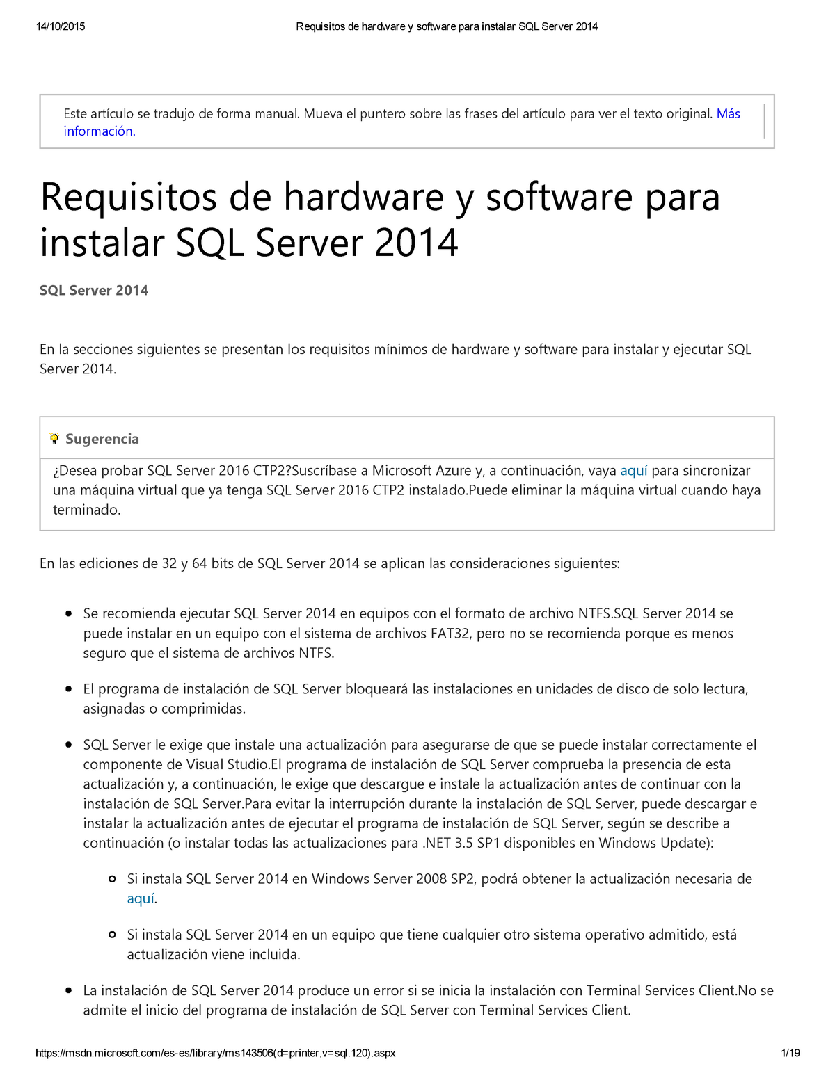 Requisitos De Hardware Y Software Para Instalar Sql Server 2014 Este Artículo Se Tradujo De 0216