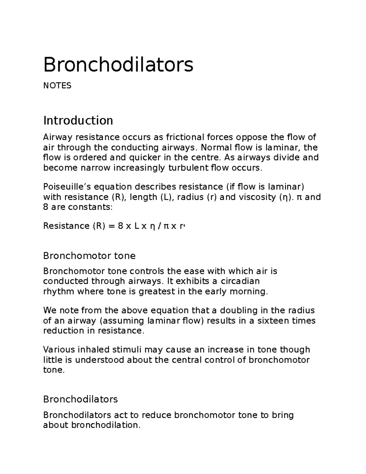 Bronchodilators Bronchodilators NOTES Introduction Airway resistance
