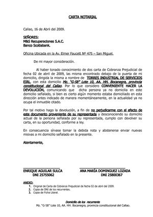 Devoluciòn de Carta notarial - CARTA NOTARIAL Callao, 16 de Abril del 2009.  SEÑORES: M&S - Studocu