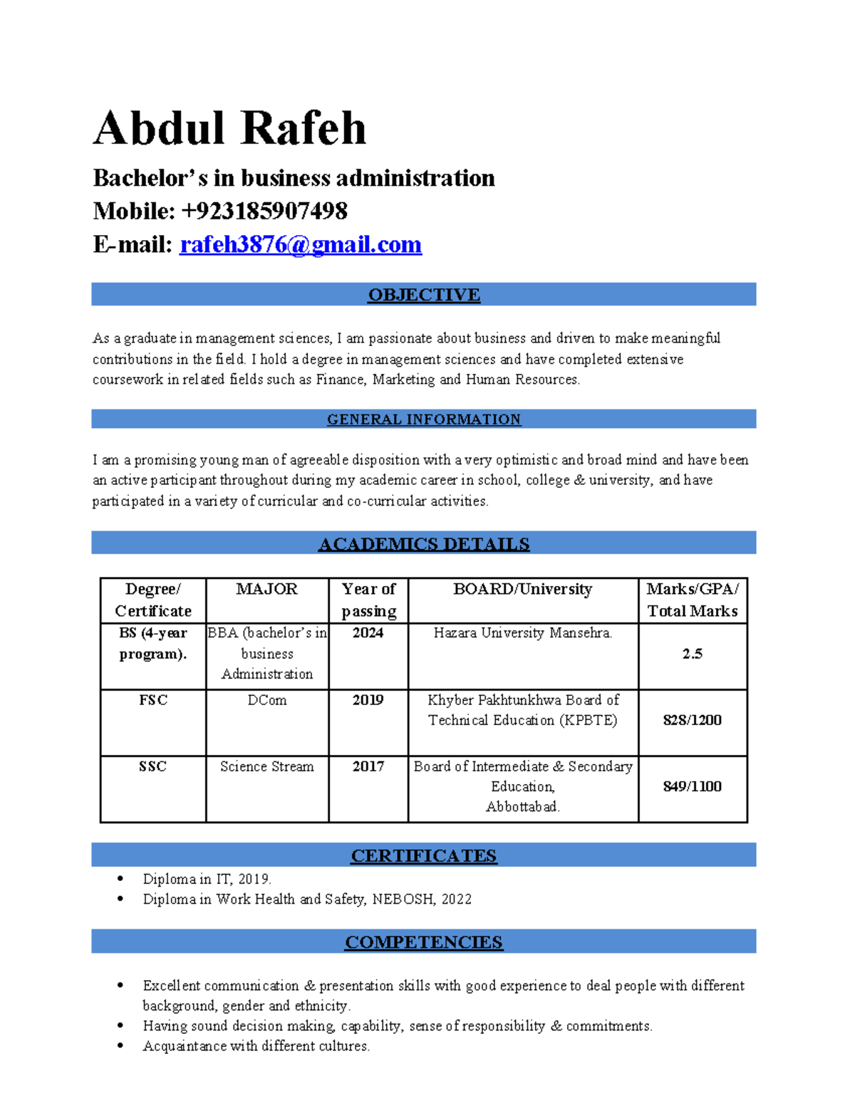 Rafeh CV - Abdul Rafeh Bachelor’s in business administration Mobile ...